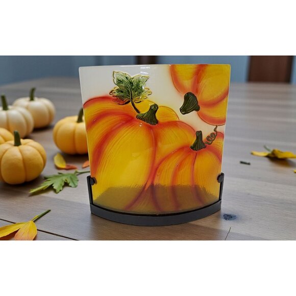 Beautiful Fall Stained Glass Pumpkin Display With Candle Holder For Candle Light - Picture 1 of 8